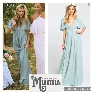 Show me your mumu faye flutter maxi dress Deep V open back sage crisp size small